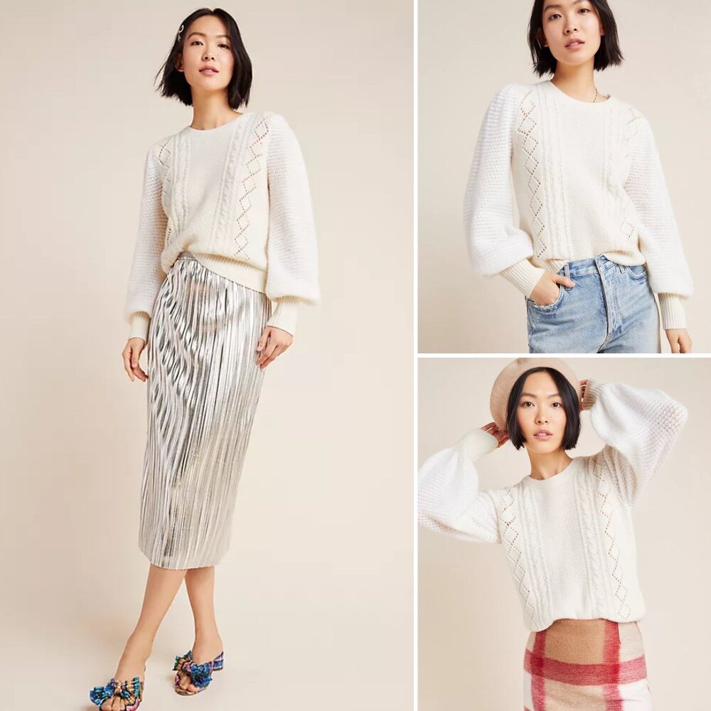 Anthropologie Elizabeth Pointelle Sweater with puff sleeves (size S)
